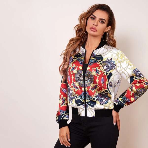 

Zipper Front Baroque Print Bomber Jacket, Multicolor