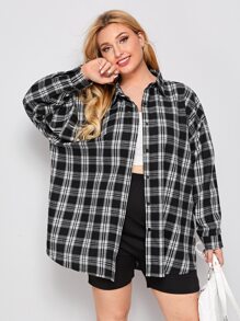 Calvaya Plus Plaid Button Up Blouse - Black - View 3