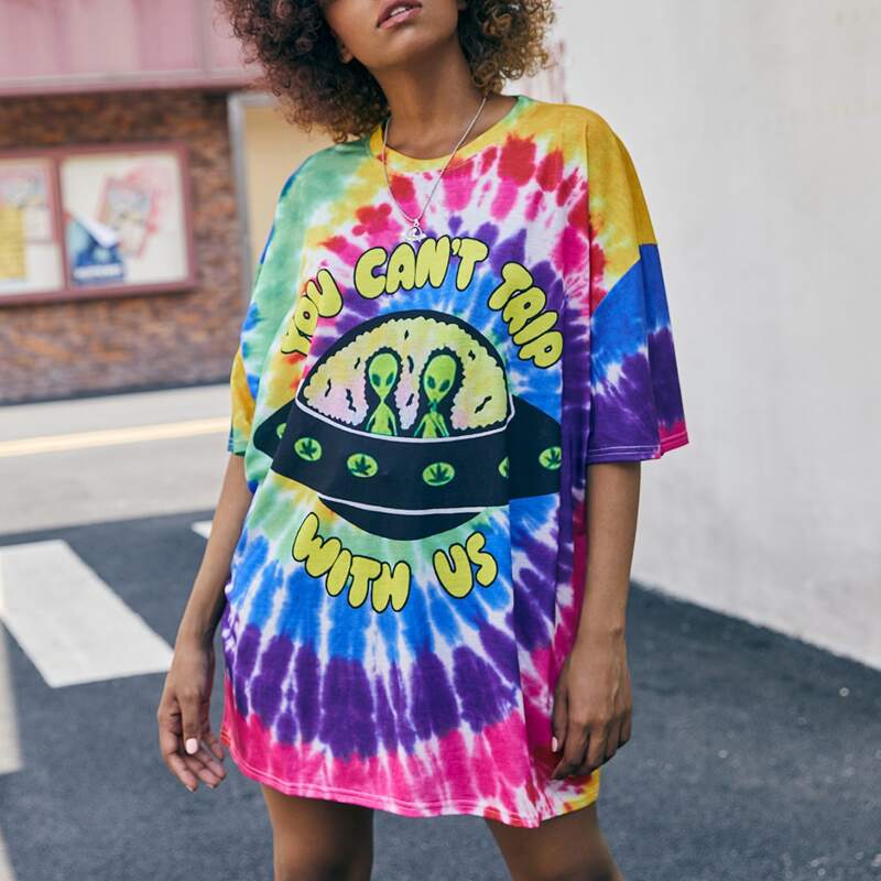 

Tie Dye Slogan Graphic Oversized Tee, Multicolor
