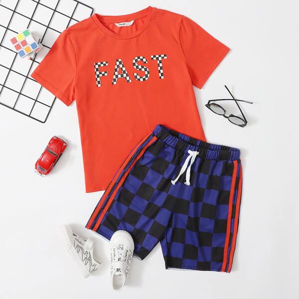 

Boys Letter Graphic Top & Striped Side Chocked Sweat Shorts Set, Multicolor