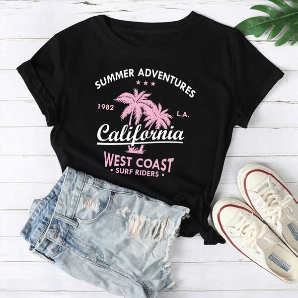 

Letter & Palm Tree Print Tee, Black
