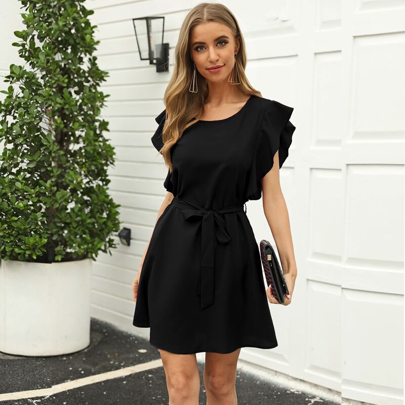 

Butterfly Sleeve Belted Solid Dress, Black