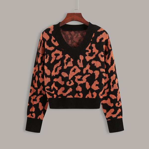 

V-neck Drop Shoulder Allover Pattern Sweater, Multicolor