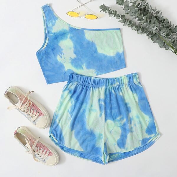 

Tie Dye Print One Shoulder Top & Shorts, Multicolor