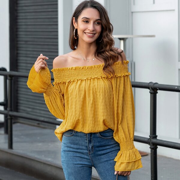 

Off Shoulder Frill Trim Shirred Top, Bright mustard yellow
