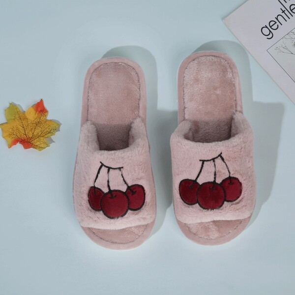 

Open Toe Cherry Graphic Fluffy Slippers, Pink