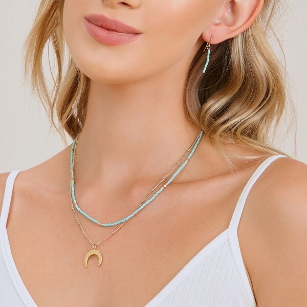 

Horn Pendant Beaded Layer Necklace And Earrings Set, Multicolor