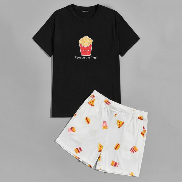 

Men Slogan and Cartoon Graphic Tee and Shorts PJ Set, Black and white