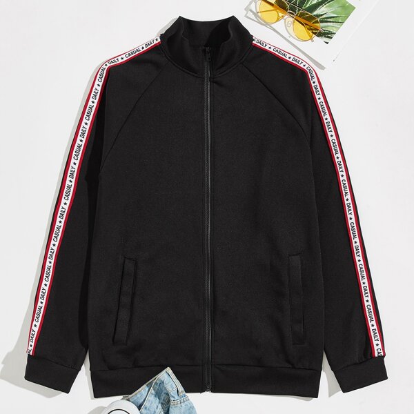 

Men Contrast Letter Tape Jacket, Black