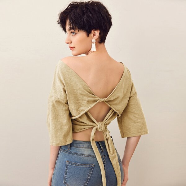 

Drop Shoulder Twist Tie Back Top, Khaki