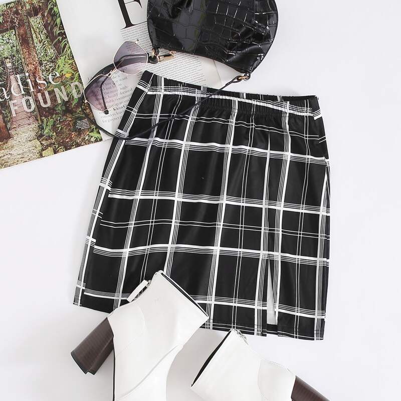 

Split Hem Plaid Print Mini Skirt, Black
