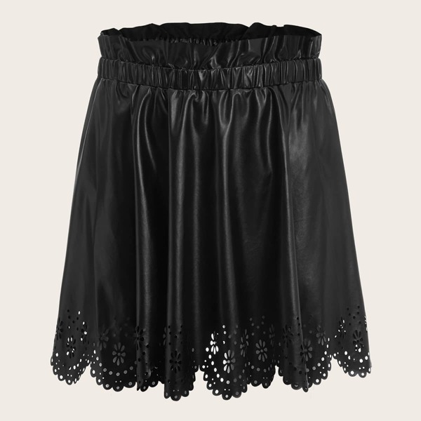 

Plus Paperbag Waist Laser Cut PU Leather Skirt, Black