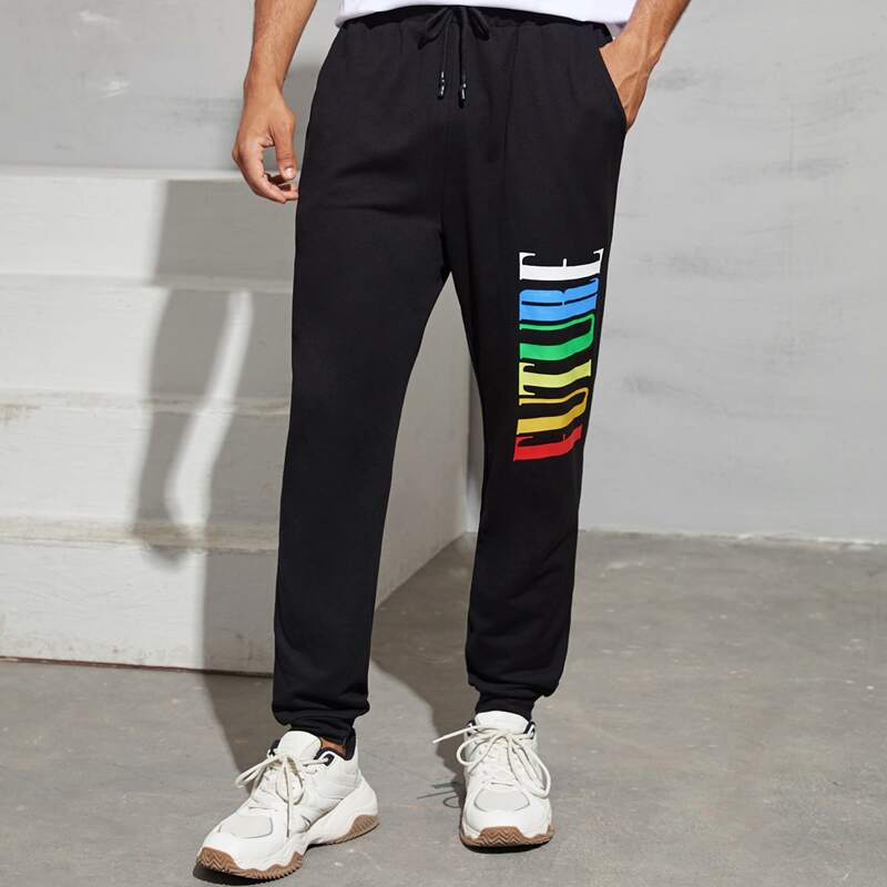 

Guys Drawstring Waist Letter Graphic Sweatpants, Black