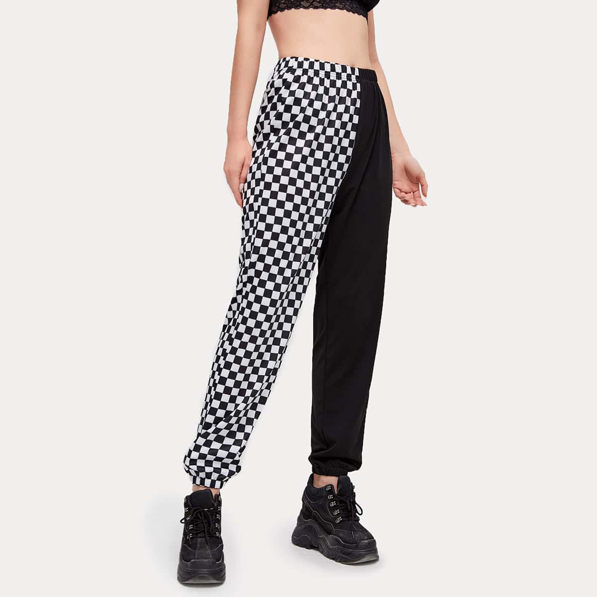 

Checkerboard Two Tone Pants, Black and white