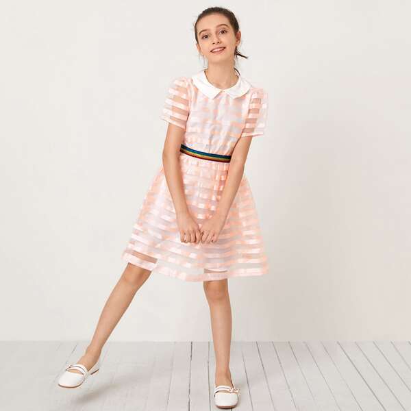 

Girls Peter Pan Collar Top & Striped Waist Organza Skirt Set, Baby pink