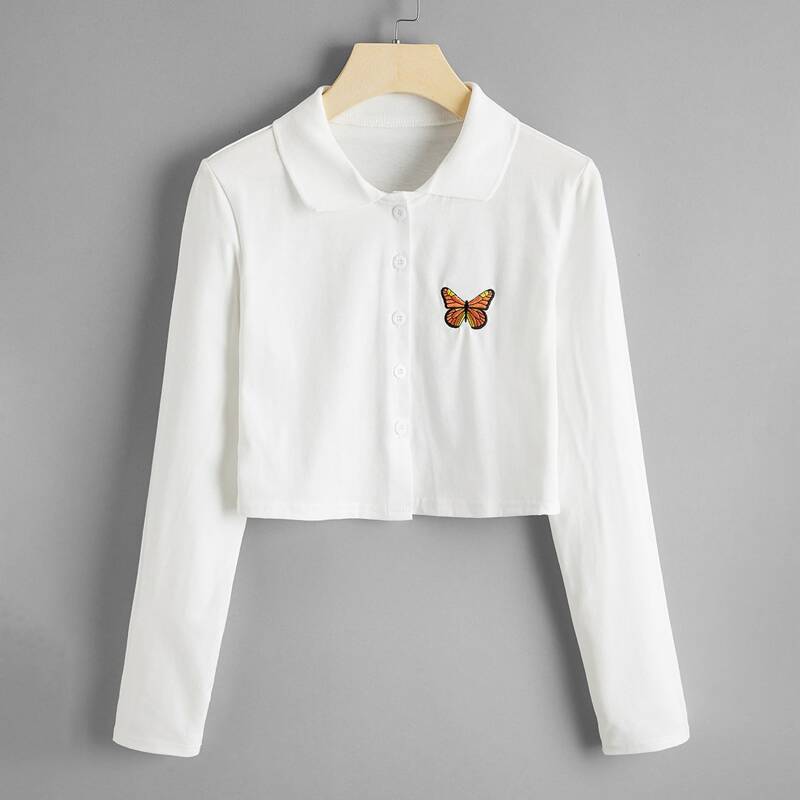 

Butterfly Button Front Collar Tee, White