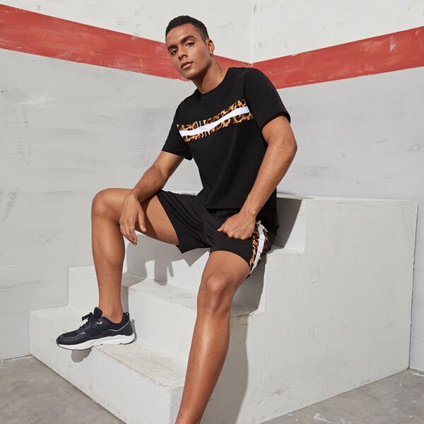 

Men Leopard Panel Top & Sweat Shorts Set, Black