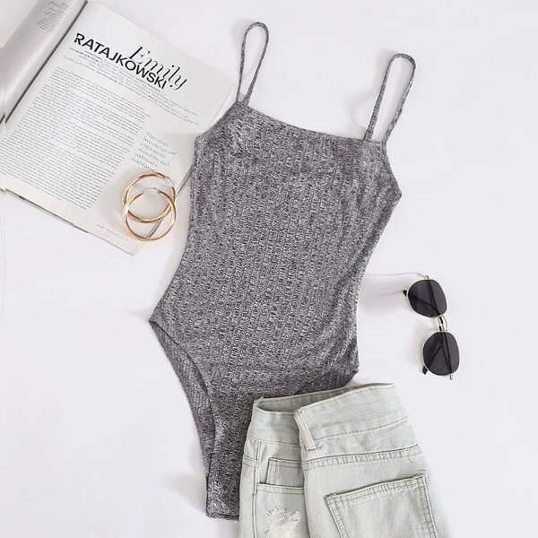 

Rib-knit Marled Knit Cami Bodysuit, Grey