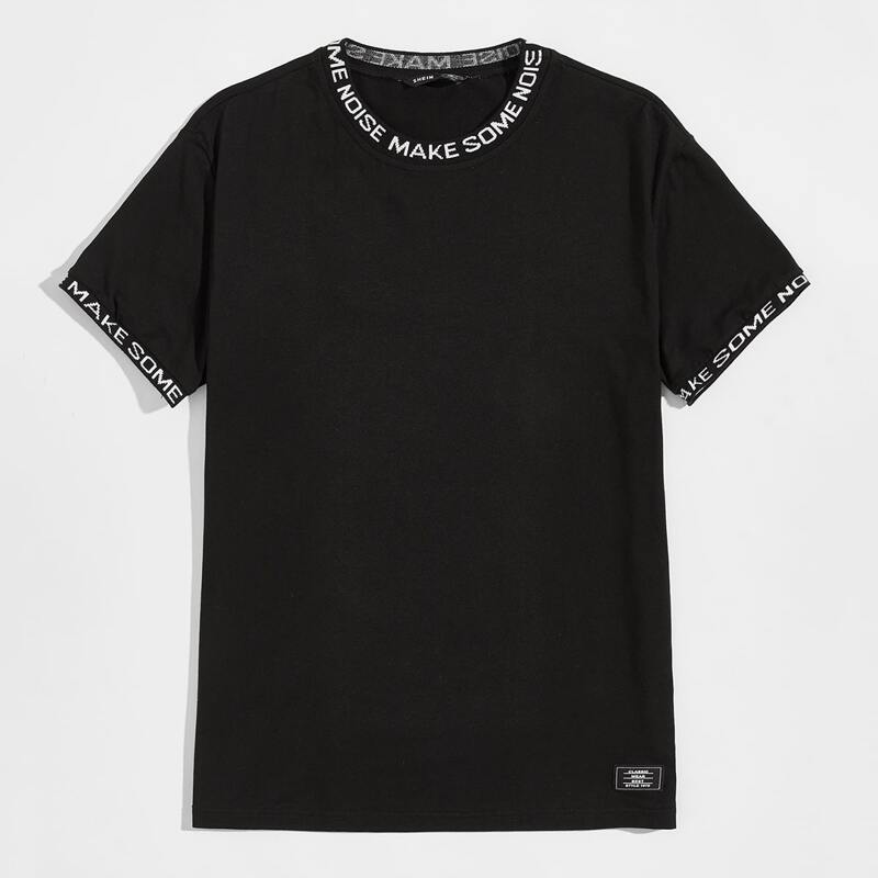 

Men Letter Trim Patch Detail Tee, Black