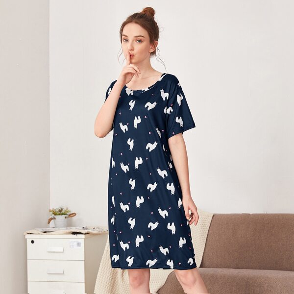 

Alpaca And Heart Print Night Dress, Navy blue