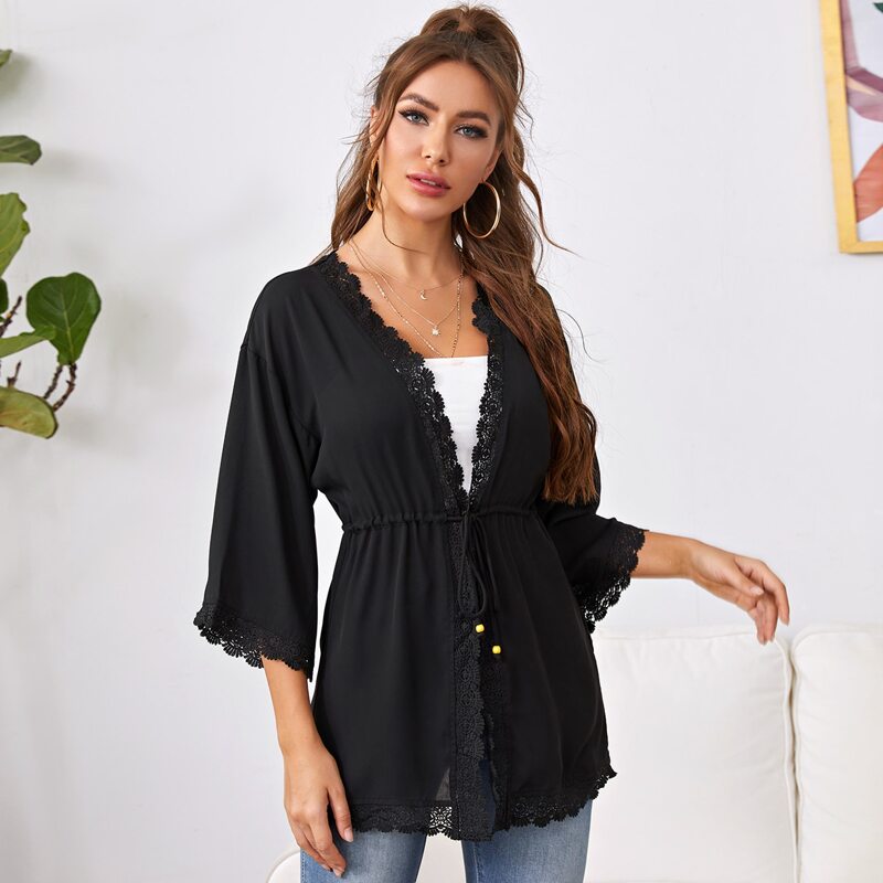 

Drop Shoulder Lace Trim Drawstring Waist Kimono, Black