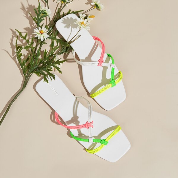 

Colorblock Thin Strap Slide Sandals, White