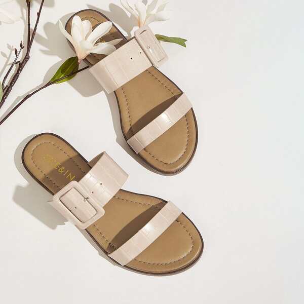 

Croc Embossed Buckle Strap Sliders, Beige