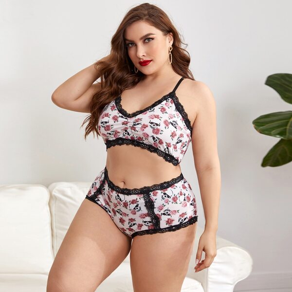 

Plus Floral & Skull Print Lace Trim Lingerie Set, Multicolor