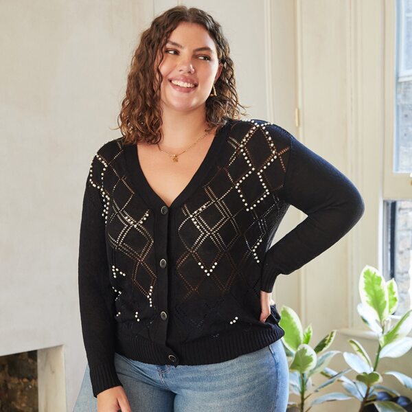 

Plus Pearls Beaded Pointelle Knit Cardigan, Black