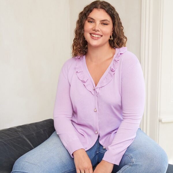 

Plus Solid Ruffle Trim Pearls Button Cardigan, Lilac purple