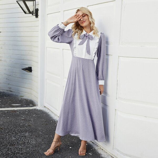 

Polka Dot Bow Detail Colorblock Dress, Lilac purple