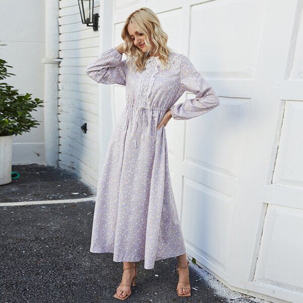 

Ditsy Floral Contrast Lace Trim Knit Dress, Lilac purple