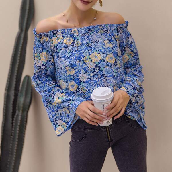 

Allover Floral Print Bell Sleeve Frill Bardot Top, Blue