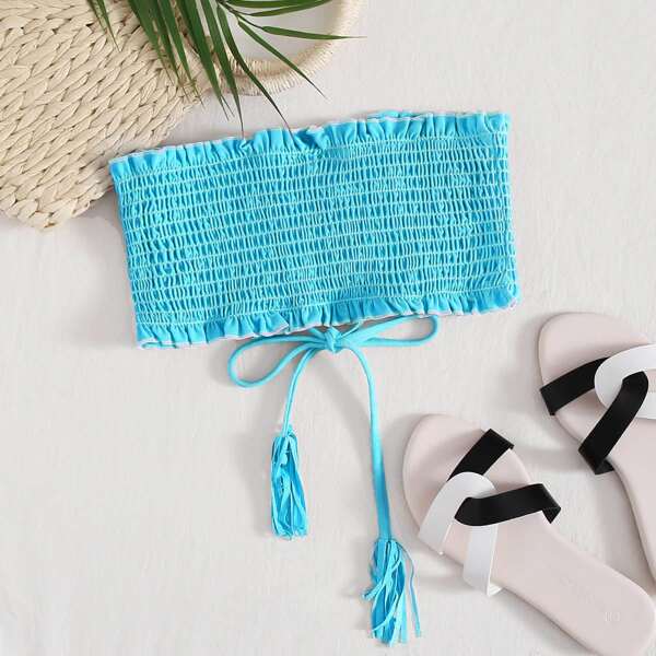 

Smocked Lace-up Frill Bandeau Bikini Top, Bright mint blue