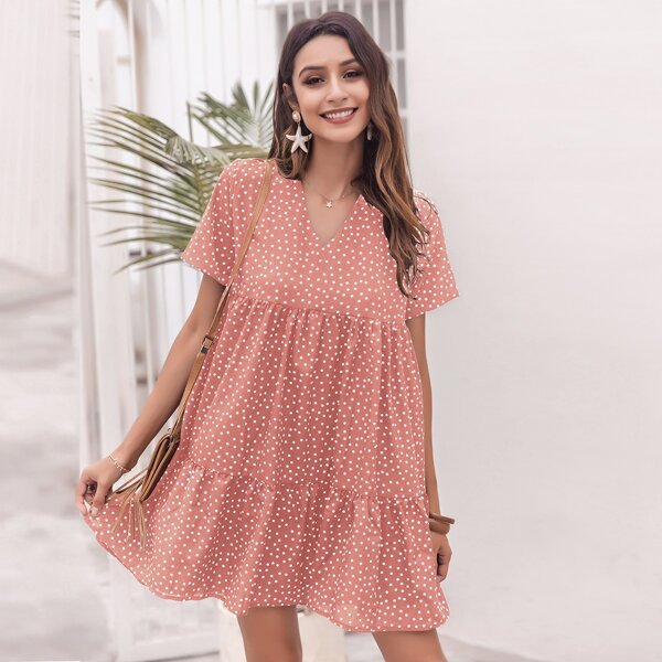 

Polka-dot Print Smock Dress, Dusty pink
