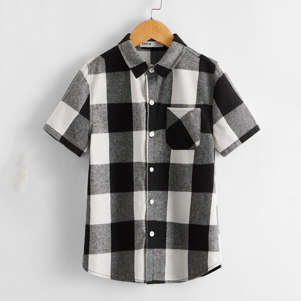 

Boys Patch Pocket Buffalo Plaid Shirt, Black and white