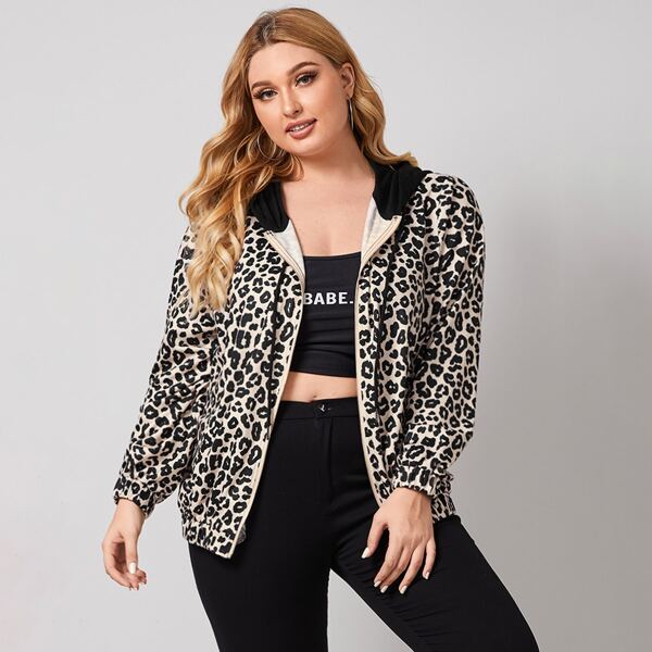 

Plus Zip Up Leopard Drawstring Hoodie, Multicolor