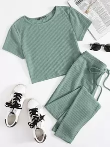 Muchica Rib-knit Top & Knot Waist Leggings Set - Mint Green - View 1