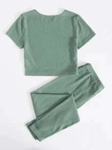 Muchica Rib-knit Top & Knot Waist Leggings Set - Mint Green - View 2