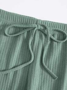 Muchica Rib-knit Top & Knot Waist Leggings Set - Mint Green - View 3