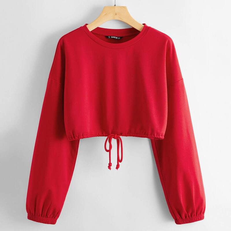 

Drop Shoulder Drawstring Hem Pullover, Red bright