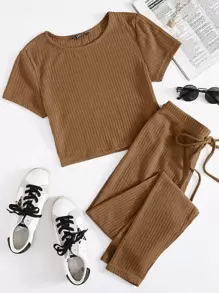 SHEIN EZwear Rib-knit Top & Knot Waist Leggings Set - Mocha Brown - View 1