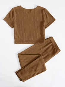 SHEIN EZwear Rib-knit Top & Knot Waist Leggings Set - Mocha Brown - View 2