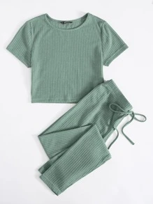 Muchica Rib-knit Top & Knot Waist Leggings Set - Mint Green - View 5