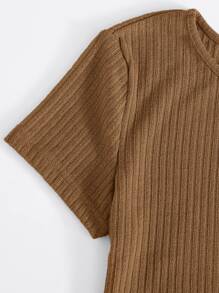 SHEIN EZwear Rib-knit Top & Knot Waist Leggings Set - Mocha Brown - View 4