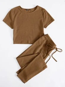 SHEIN EZwear Rib-knit Top & Knot Waist Leggings Set - Mocha Brown - View 5