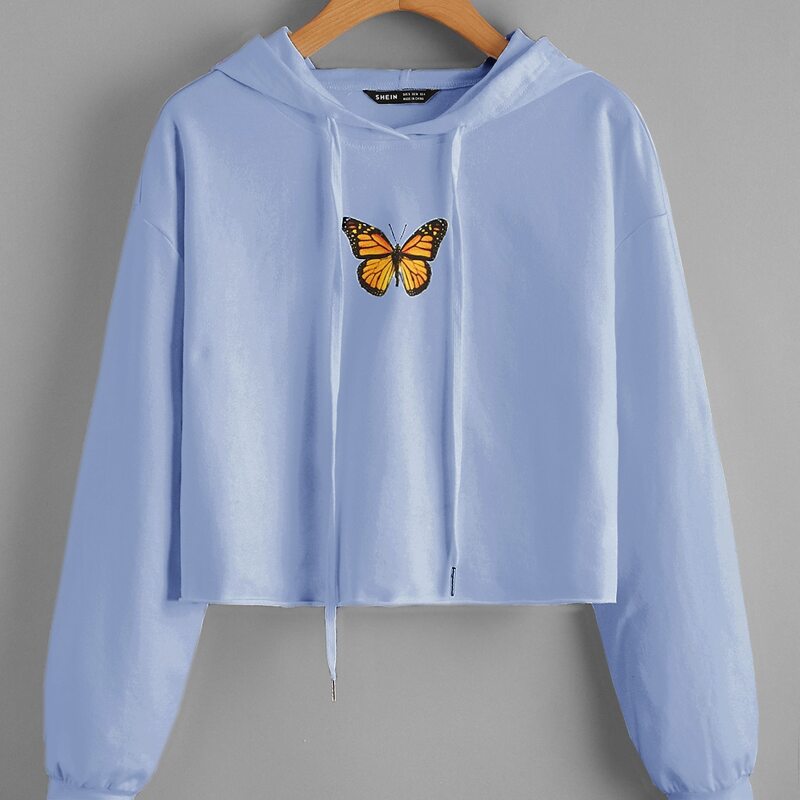 

Drop Shoulder Butterfly Print Drawstring Hoodie, Baby blue