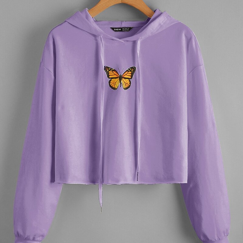 

Drop Shoulder Butterfly Print Drawstring Hoodie, Lilac purple
