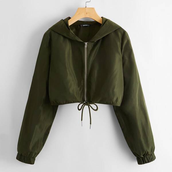 

Zip Up Drawstring Hem Hooded Jacket, Army green
