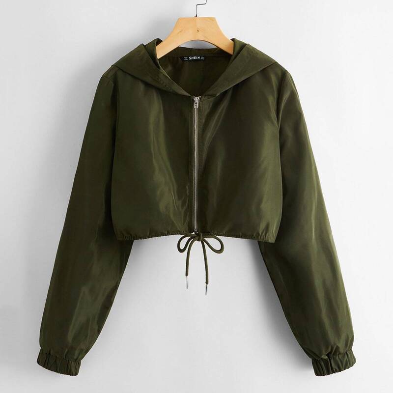 

Zip Up Drawstring Hem Hooded Jacket, Army green